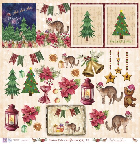 Świąteczny papier do scrapbookingu z kotami Festive cats || Świąteczne koty 23