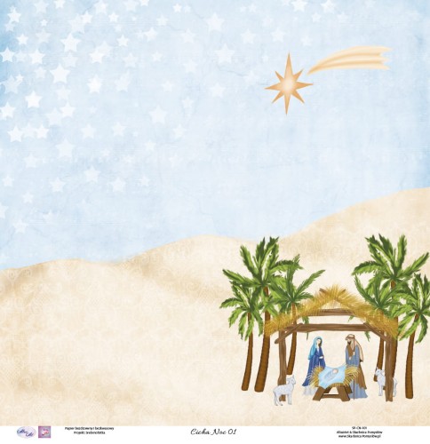 Swiąteczny papier do scrapbookingu ze Swieta Rodzina w stajence wsrod palm na pustyni, wpatrzona w spadajaca gwiazde - Cicha Noc 01 - Skarbnica Pomysłow