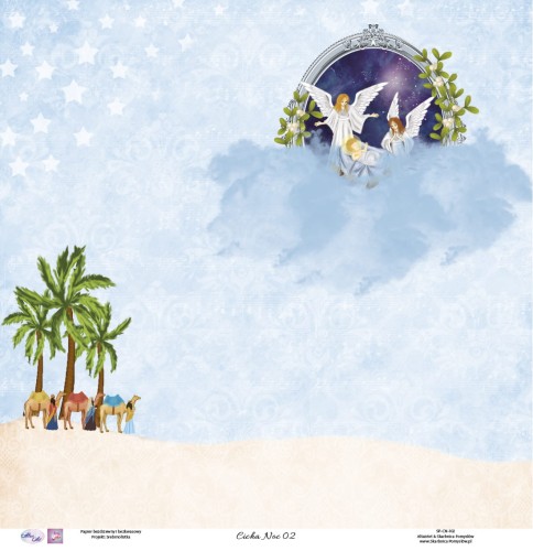 Świąteczny papier do scrapbookingu a na nim trzy wielblady pod trzema palmami, wpatrone w niebo z aniołami na chmurze - Cicha Noc 02 - Skarbnica Pomysłów