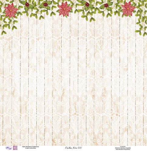 Swiąteczny Papier do scrapbookingu z koronka na drewnianym tle. U gory  ozdobiony jemiola i gwiazda betlejemska - Cicha Noc 05 - Skarbnica Pomysłow