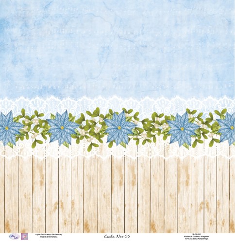 Świąteczny papier do scrapbookingu, u góry niebieskie tło, a na dole deski. Posrodku niebieskie gwiazdy betlejemskie na koronce - Cicha Noc 06 - Skarbnica Pomysłów