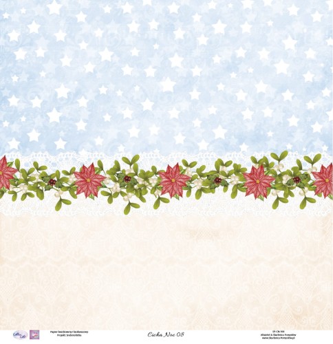 Swiąteczny Papier do scrapbookingu z białymi gwiazdkami na niebieskim tle, jemiola i czerwony kwiat gwiazda betlejemska - Cicha Noc 08 - Skarbnica Pomysłow