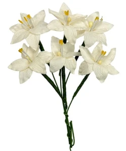Ręcznie robione kwiaty z papieru morwowego - Lilie, 6szt, 3cm białe